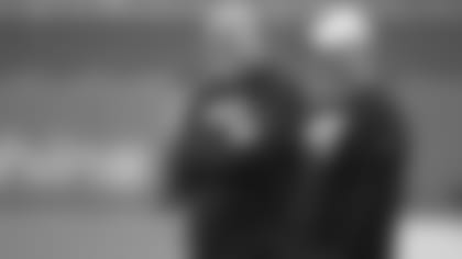 Jacksonville Jaguars defensive coordinator Todd Wash (left) and linebackers coach Mark Collins during pregame warm-ups against the Miami Dolphins in an NFL preseason game Thursday, August 22, 2019 in Miami Gardens, Fl. (Rick Wilson/Jacksonville Jaguars)