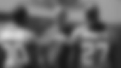 Jacksonville Jaguars running backs coach Terry Robiskie, center, talks with running backs Ryquell Armstead (30) and Leonard Fournette (27) during an NFL football practice, Tuesday, May 21, 2019, in Jacksonville, Fla. (AP Photo/John Raoux)