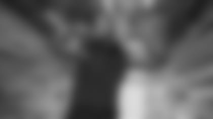 LSU linebacker K'Lavon Chaisson poses on set for the NFL network film crew during the 2020 NFL Scouting Combine, Friday, Feb. 28, 2020 in Indianapolis. (Todd Rosenberg via AP)