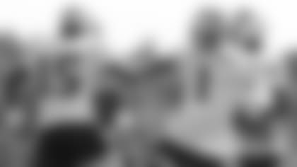 Patriots wide receivers Nelson Agholor (15) and DeVante Parker (1) celebrate after a play at Training Camp.