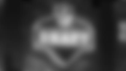 A general view of the NFL Draft logo on the main stage.