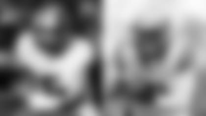 Left: Purdue defensive end George Karlaftis (5) runs up field during the second half of an NCAA college football game against Iowa, Saturday, Oct. 16, 2021, in Iowa City, Iowa. Purdue won 24-7. (AP Photo/Charlie Neibergall); Right: Clemson offensive lineman Walker Parks (64) blocks Florida State defensive end Jermaine Johnson II (11) during the second half of an NCAA college football game, Saturday, Oct. 30, 2021, in Clemson, S.C. (AP Photo/Hakim Wright Sr.)