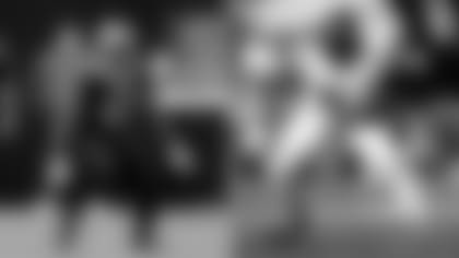 Left: New Orleans Saints free safety Marcus Williams (43) in action during an NFL football game against the Miami Dolphins, Monday, Dec. 27, 2021, in New Orleans. (AP Photo/Tyler Kaufman); Right: New York Jets offensive tackle Morgan Moses during an NFL football game against the New England Patriots at Gillette Stadium, Sunday, Oct. 24, 2021 in Foxborough, Mass. (Winslow Townson/AP Images for Panini)