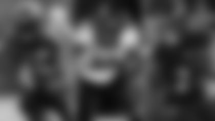 From left: RB Justice Hill, RB Gus Edwards, RB J.K. Dobbins