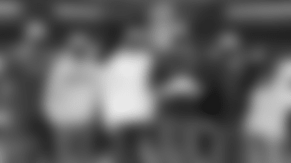 From left to right: Heath Farwell, special teams coordinator, Brandon Beane, general manager, Joe Schoen, assistant general manager, Dan Morgan, Terry Pegula and Kim Pegula.