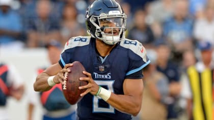 Tennessee Titans quarterback Marcus Mariota (8) leaves the field after the  Titans beat the New …