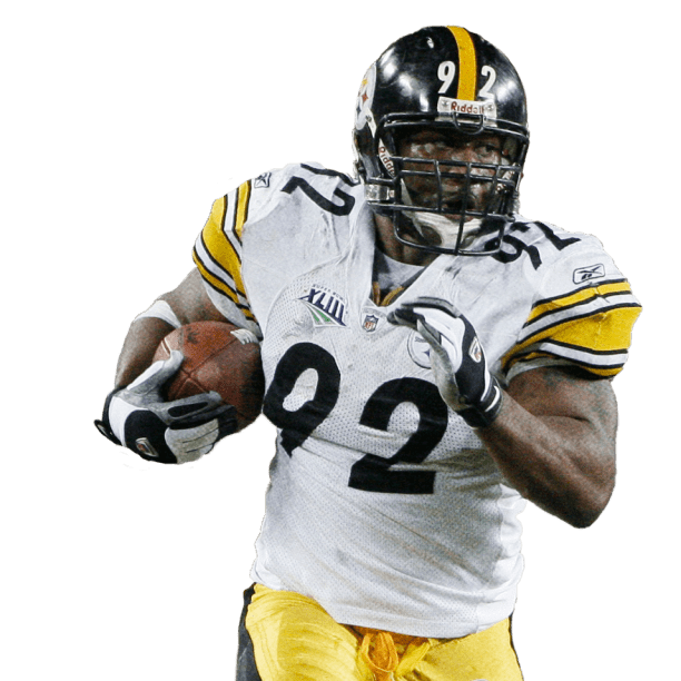 Pittsburgh Steelers line backer James Harrison (92) runs back an  interception 100 yards for a touchdown against the Arizona Cardinals to end  the first half at Super Bowl XLIII at Raymond James