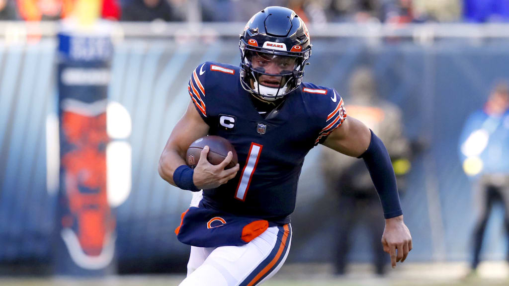 December 18, 2022: Chicago Bears quarterback #1 Justin Fields is sacked by  Eagles #7 Haason Reddick during a game against the Philadelphia Eagles in  Chicago, IL. Mike Wulf/CSM/Sipa USA(Credit Image: © Mike