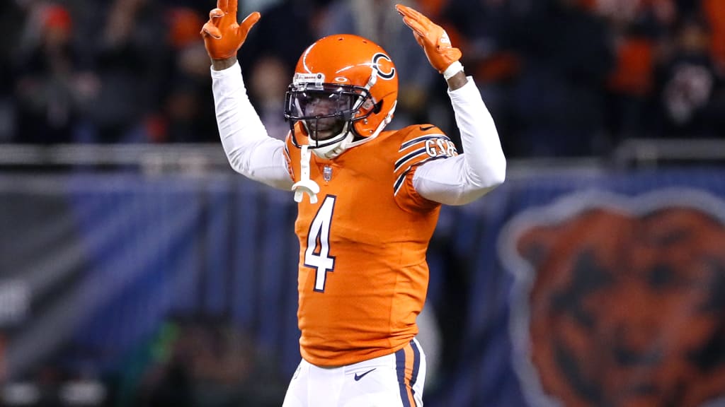 Chicago Bears safety Eddie Jackson (4) celebrates with teammates after  intercepting a pass in the end zone against the Houston Texans during the  first half of an NFL football game Sunday, Sept.