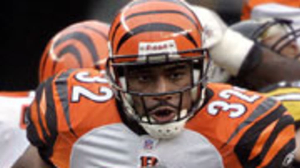 The Cincinnati Bengals running back Rudi Johnson (32) rushes up the middle  for a 4-yard touchdown in the fourth quarter after pushing Baltimore Ravens  linebacker Ray Lewis (52) into the end zone