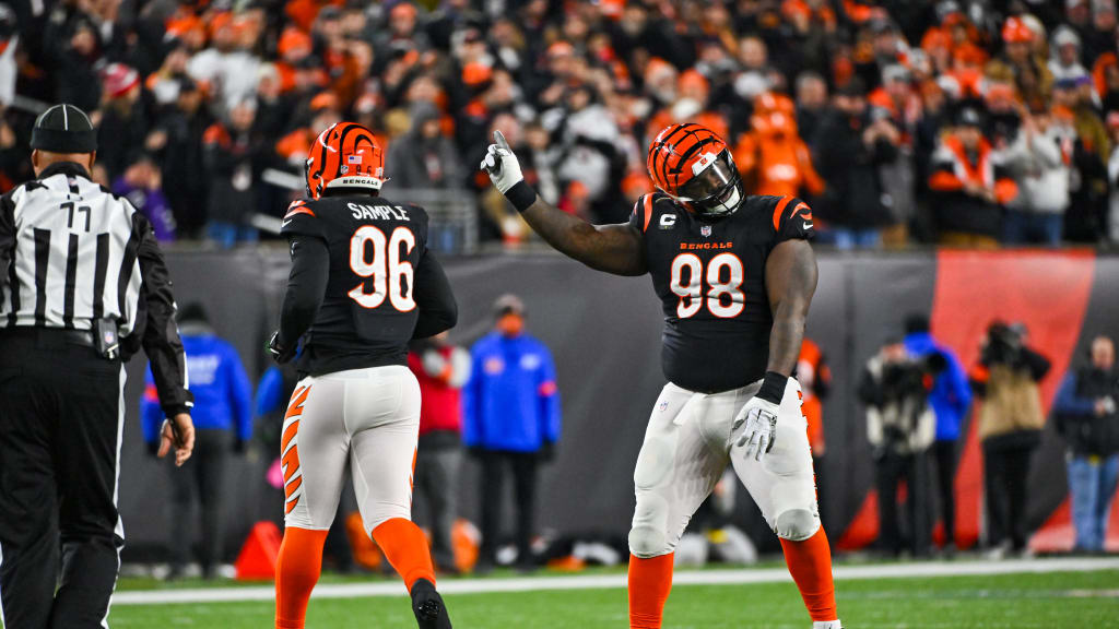 Cincinnati Bengals defensive end Cam Sample (96) reacts after making a  tackle during a wild-card playoff NFL football game against the Baltimore  Ravens, Monday, Jan. 16, 2023, in Cincinnati. (AP Photo/Jeff Dean