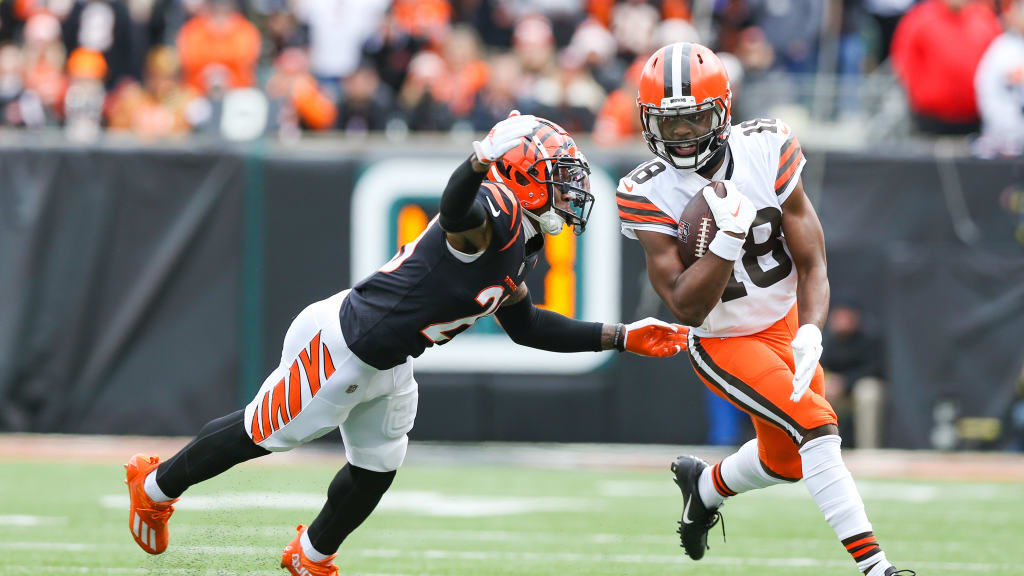 Cincinnati Bengals cornerback Cam Taylor-Britt reacts after breaking up a  pass in the end zone during an NFL football game against the Cleveland  Browns, Tuesday, Dec. 13, 2022, in Cincinnati. (AP Photo/Jeff