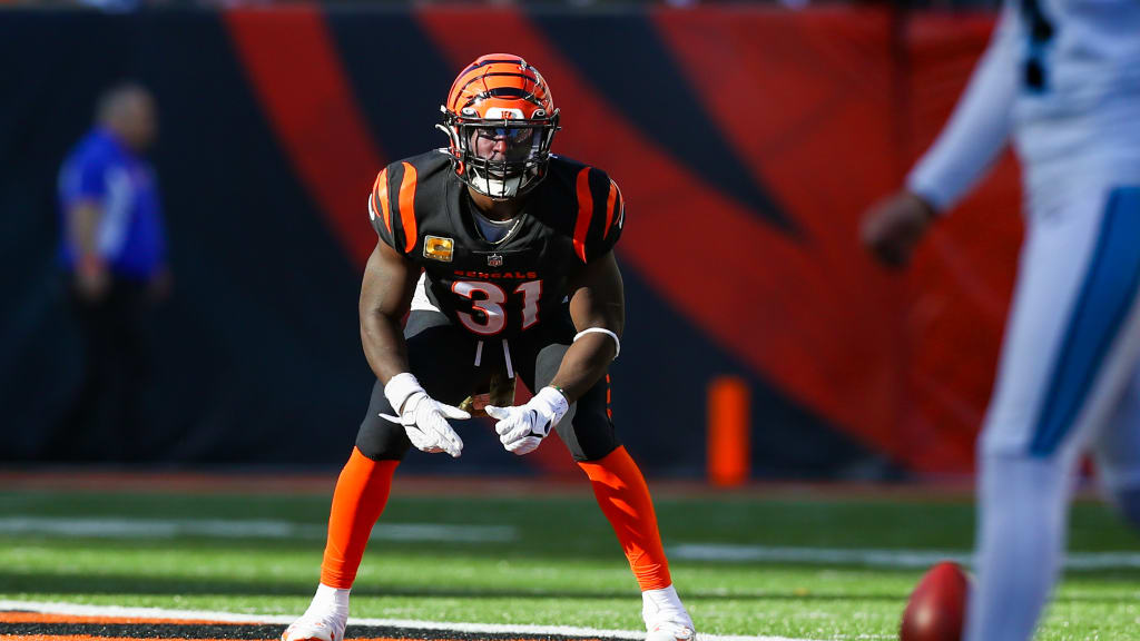 A detailed view of the cleats of Cincinnati Bengals defensive back Michael  Thomas (31) during warm ups before an NFL football game against the Los  Angeles Chargers, Sunday, Dec. 5, 2021, in