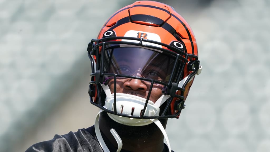 A close up, detail view of a Cincinnati Bengals helmet before an NFL  football game between the New York Jets and the Cincinnati Bengals, Sunday,  Sept. 25, 2022, in East Rutherford, N.J.