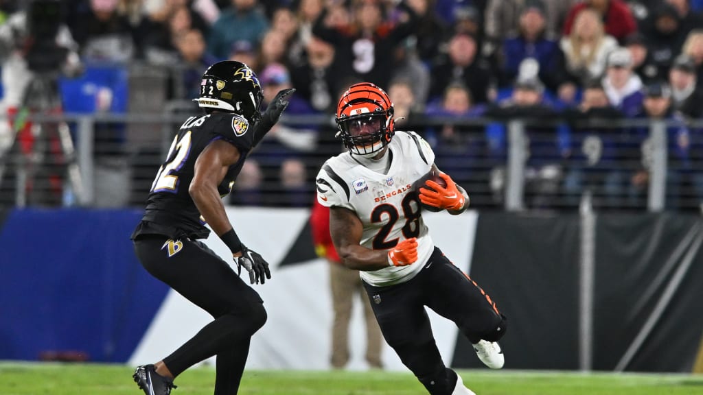 Cincinnati Bengals wide receiver Mike Thomas runs with the ball after  making a catch during the first half of a NFL football game against the  Baltimore Ravens, Sunday, Oct. 9, 2022, in