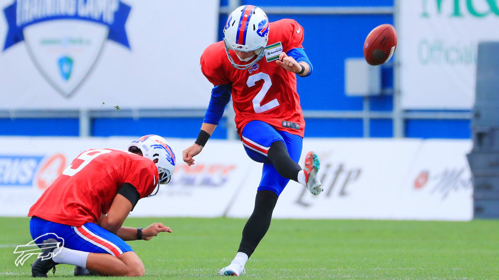 Buffalo Bills' Tyler Bass reacts to winning kicking battle