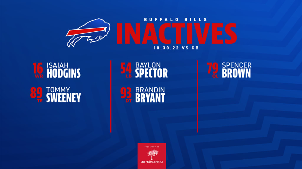 Spencer Brown, Isaiah Hodgins, Tommy Sweeney inactive for Bills against  Packers