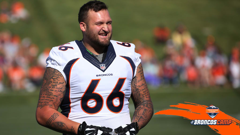 Denver Broncos offensive guard Dalton Risner (66) takes part in drills  during a mandatory minicamp at the NFL team's training headquarters  Tuesday, June 15, 2021, in Englewood, Colo. (AP Photo/David Zalubowski Stock