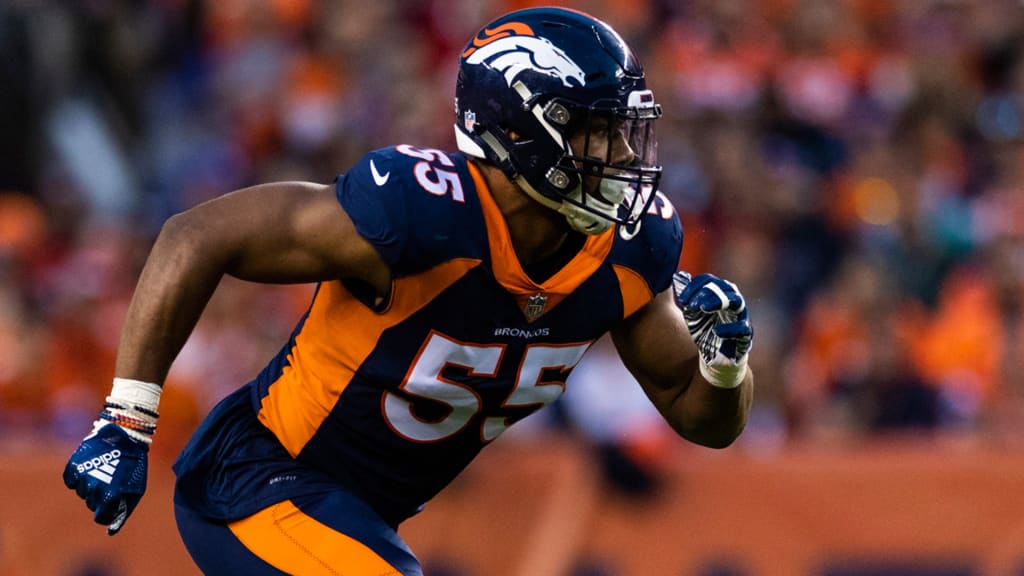 Denver Broncos outside linebacker Bradley Chubb (55) reacts to a defensive  stop against the Chicago Bears during the first half of an NFL football  game, Sunday, Sept. 15, 2019, in Denver. (AP