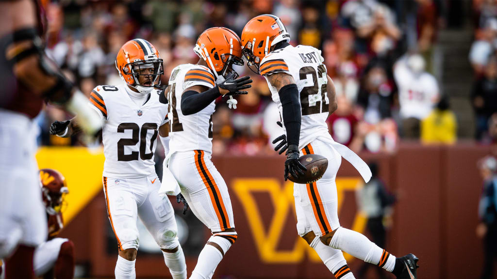 CLEVELAND, OH - DECEMBER 24: Cleveland Browns safety Grant Delpit (22)  celebrates after making a tackle during the third quarter of the National  Football League game between the New Orleans Saints and