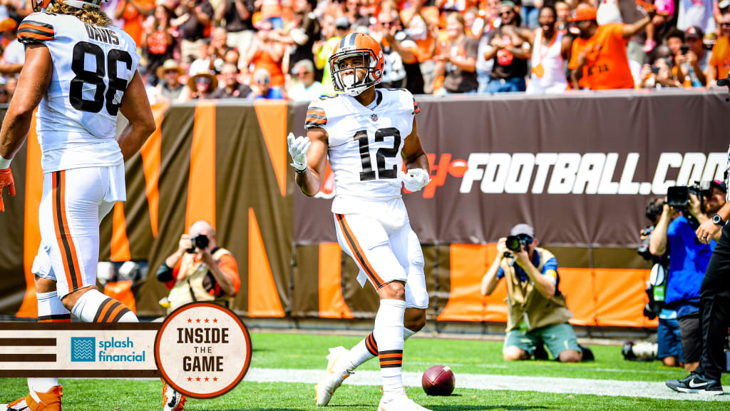 Cleveland Browns wide receiver KhaDarel Hodge (12) runs a route during an  NFL preseason football game