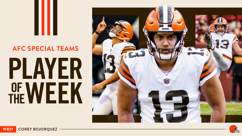 Cleveland Browns punter Corey Bojorquez (13) wears a Crucial Catch