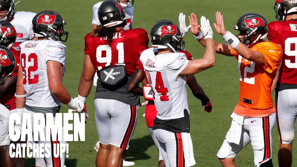 Tampa Bay Buccaneers quarterback Tom Brady (12) talks to head coach Bruce  Arians before an NFL