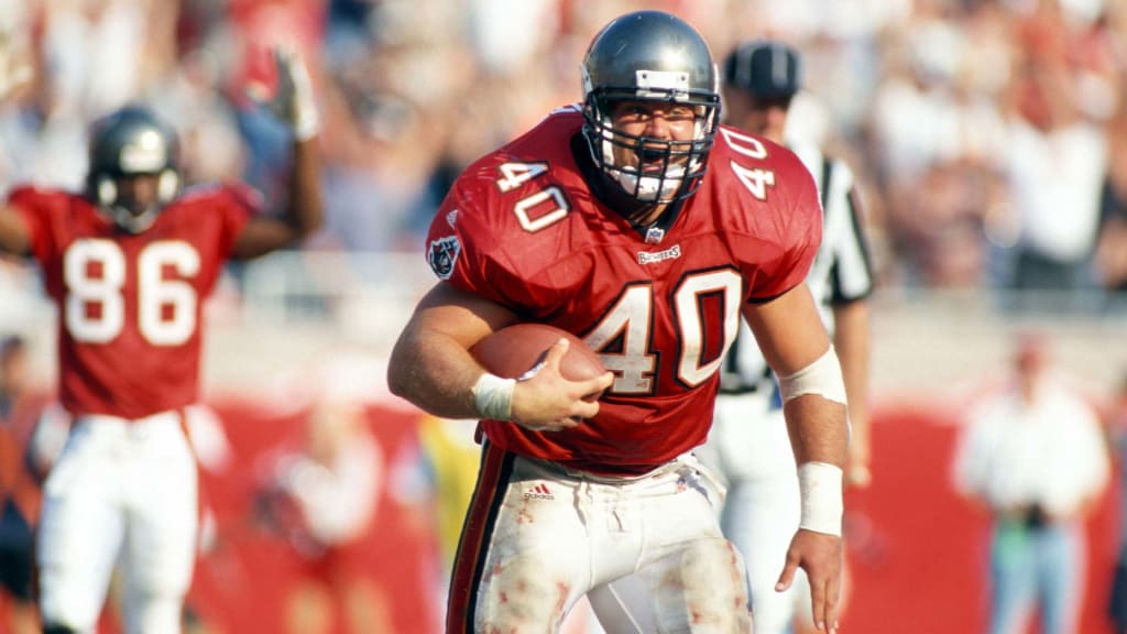 Tampa Bay Buccaneers veterans Mike Alstott, left, and Derrick