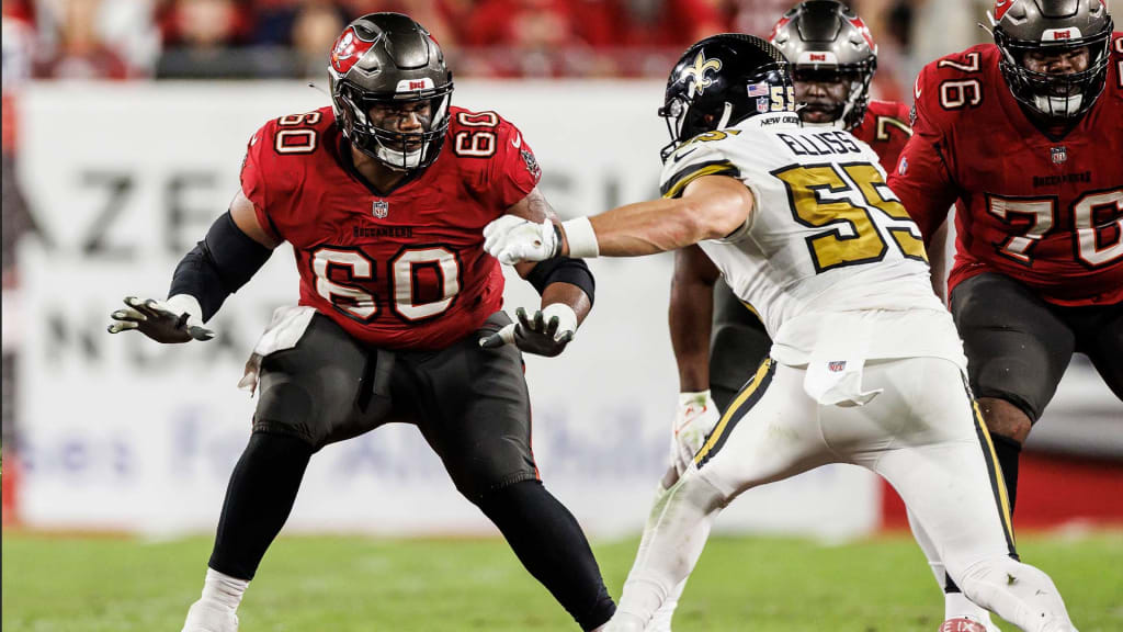 Tampa Bay Buccaneers guard Nick Leverett (60) watches action