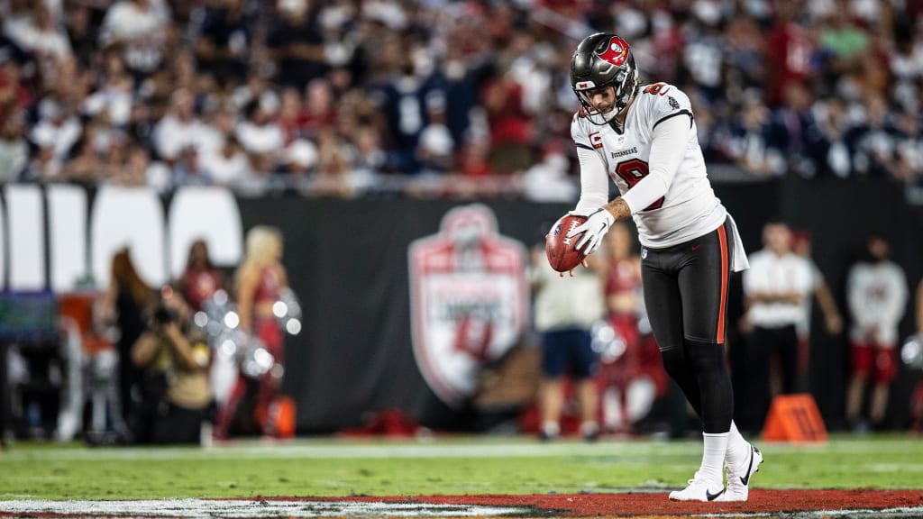 Bradley Pinion #8 Punter of Tampa Bay reacts during the NFL game