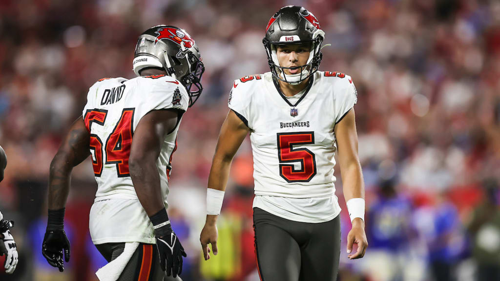 Tampa Bay Buccaneers punter Jake Camarda (5) punts during the