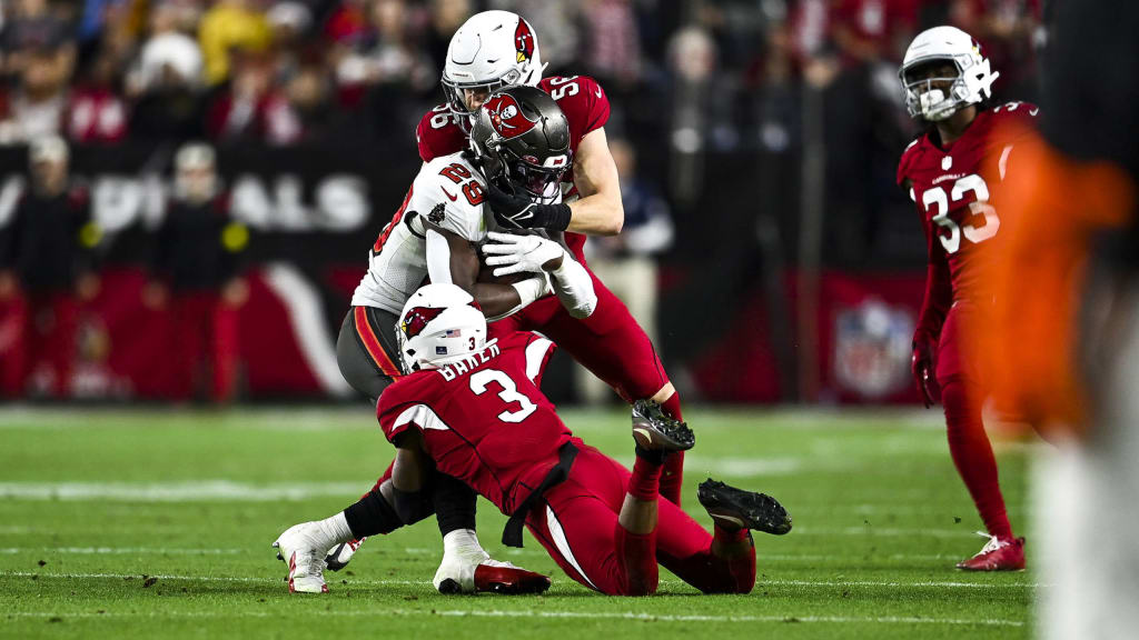 Arizona Cardinals safety Jalen Thompson (34) gives the ball to the ball boy  on the sidelines after intercepting a pass in the second half of an NFL  football game against the Carolina