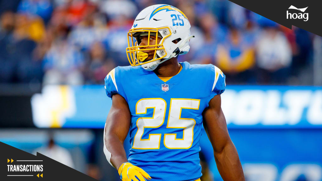 Los Angeles Chargers running back Joshua Kelley (25) carries against the  Los Angeles Rams during the first half of a preseason NFL football game  Saturday, Aug. 12, 2023, in Inglewood, Calif. (AP