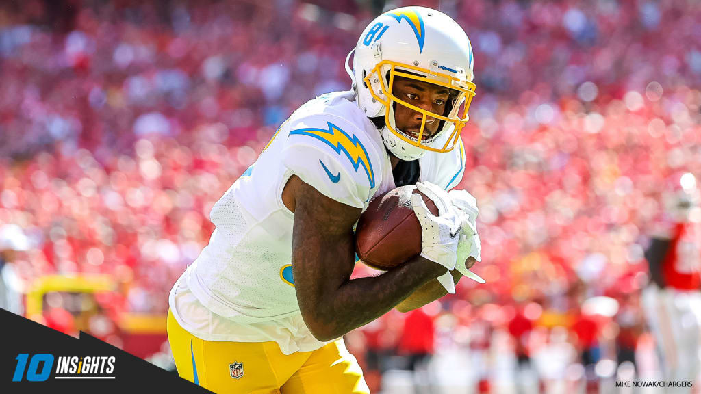 Los Angeles Chargers wide receiver Mike Williams (81) runs a route against  the Kansas City Chiefs during the first half of an NFL football game,  Sunday, Sept. 26, 2021 in Kansas City