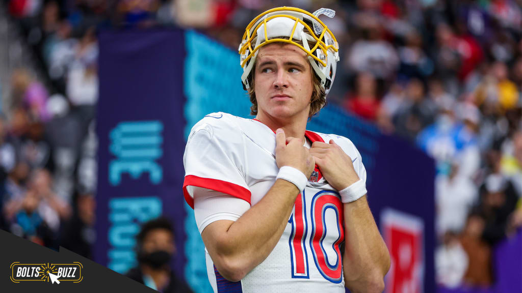 LAS VEGAS, NV - FEBRUARY 06: Los Angeles Chargers quarterback Justin Herbert  (10) waits to be interviewed after being selected as the offensive MVP of  the NFL Pro Bowl presented by Verizon