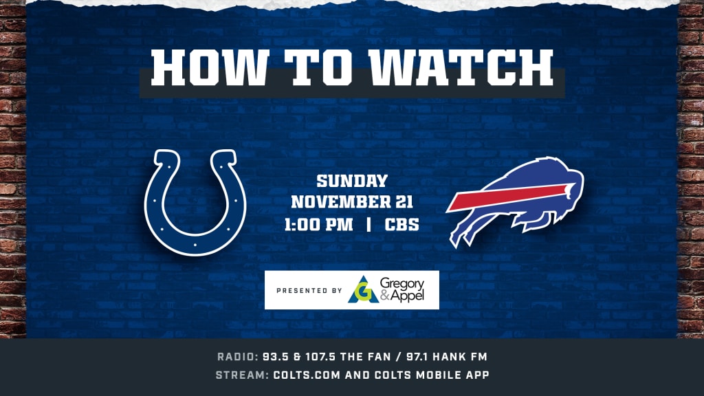 Indianapolis Colts at Buffalo Bills (Week 11) kicks off at 1:00 p.m. ET  this Sunday and is available to watch on CBS, Colts app and .