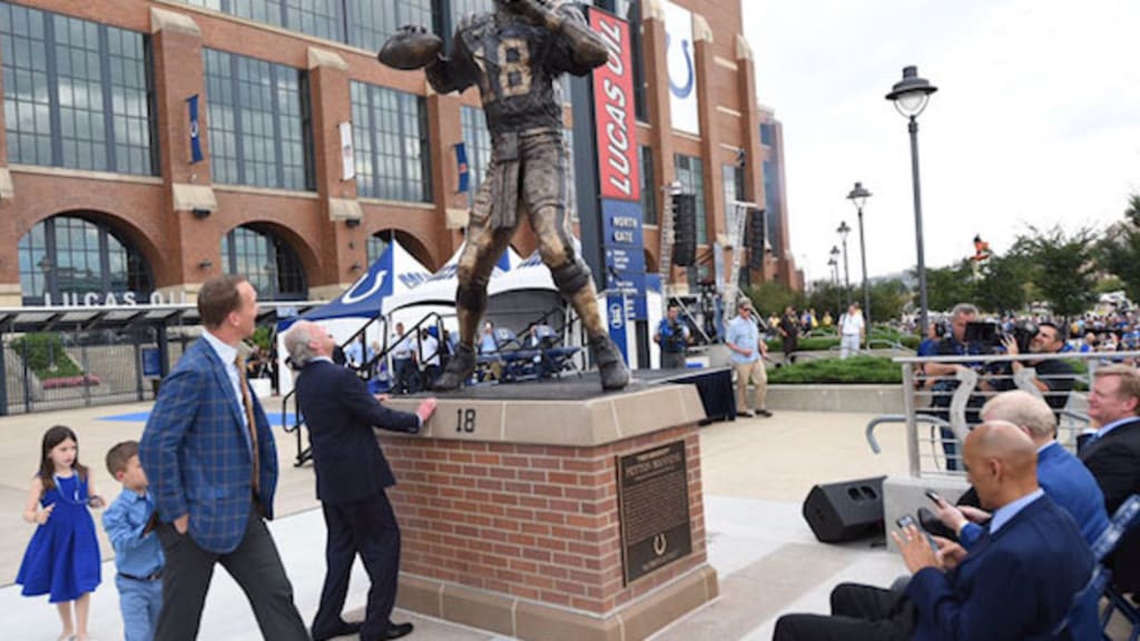 Overtime. 08th Oct, 2017. Payton Manning gets his jersey retired during  halftime of NFL football game action between the San Francisco 49ers and  the Indianapolis Colts at Lucas Oil Stadium in Indianapolis