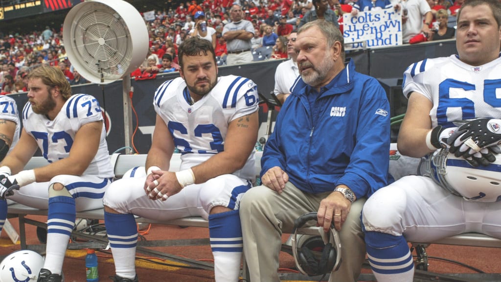 Indianapolis Colts punter Pat McAfee (1) talks to Jeff Saturday