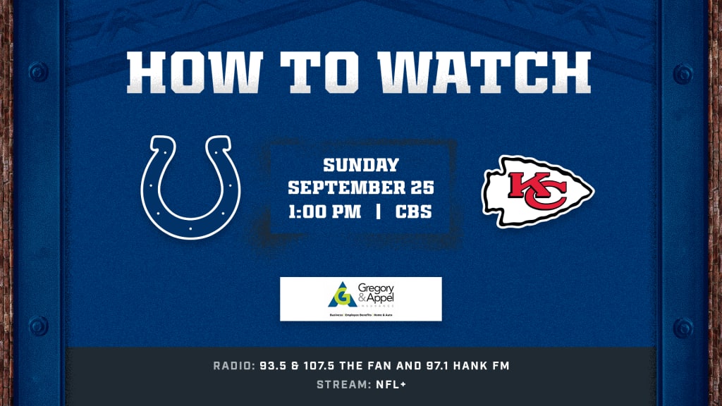Kansas City Chiefs at Indianapolis Colts (Week 3) kicks off at 1:00 p.m. ET  this Sunday and is available to watch on CBS and NFL+.