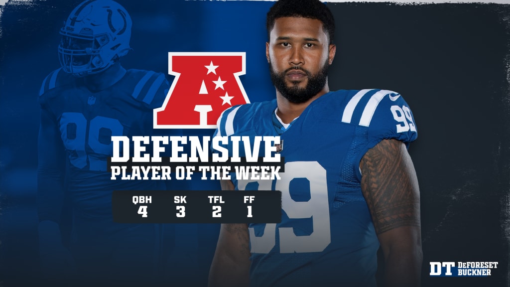 Indianapolis, Indiana, USA. 17th Oct, 2021. Indianapolis Colts defensive  lineman DeForest Buckner (99) pursues the quarterback during NFL football  game action between the Houston Texans and the Indianapolis Colts at Lucas  Oil