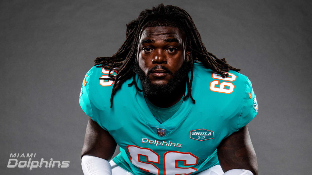 Miami Dolphins guard Solomon Kindley (66) walks on the field before an NFL  football game against the New York Jets, Sunday, Dec. 19, 2021, in Miami  Gardens, Fla. (AP Photo/Doug Murray Stock