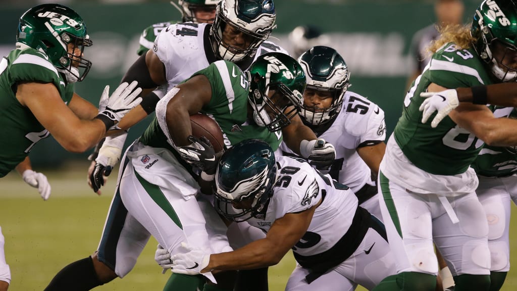 Philadelphia Eagles' Josh Hawkins (48) runs back an interception during the  second half of a preseason NFL football game against the New York Jets  Thursday, Aug. 29, 2019, in East Rutherford, N.J. (