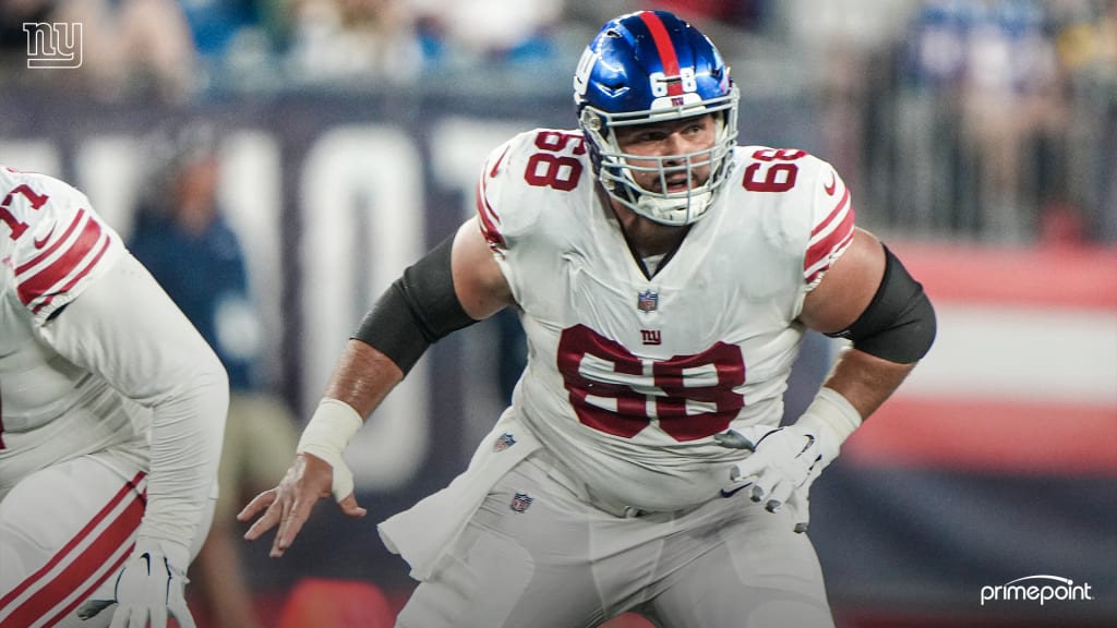 New York Giants guard Ben Bredeson (68) walks off the field after