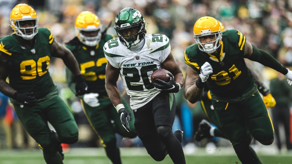 October 16, 2022: New York Jets running back Breece Hall (20) running the  ball during the NFL football game between the New York Jets and the Green  Bay Packers at Lambeau Field