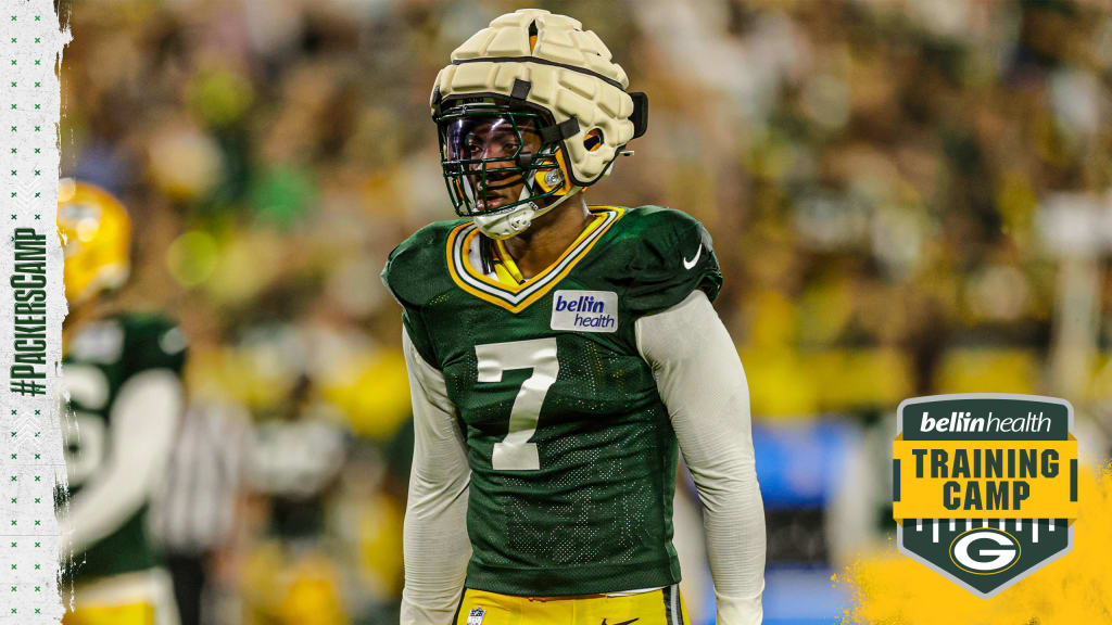 ASHWAUBENON, WI - AUGUST 05: Green Bay Packers wide receiver Allen Lazard  (13) grabs his helmet during Green Bay Packers Family Night at Lambeau  Field, on August 5, 2022 in Green Bay