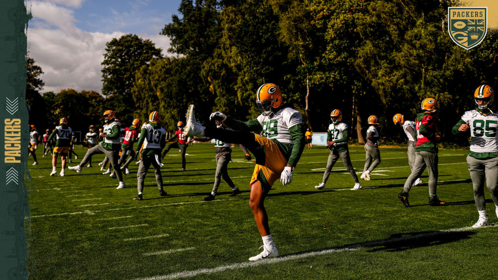 Green Bay Packers linebacker Eric Wilson (45) runs up the field during an  NFL football game against the New York Giants at Tottenham Hotspur Stadium  in London, Sunday, Oct. 9, 2022. The