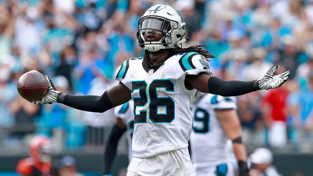 Carolina Panthers cornerback Donte Jackson celebrates after an interception  against the Philadelphia Eagles during the second half of an NFL football  game Sunday, Oct. 10, 2021, in Charlotte, N.C. (AP Photo/Jacob Kupferman