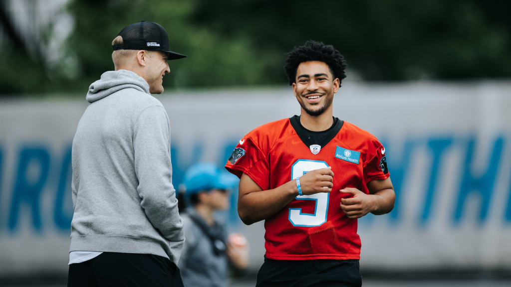 FILE - Carolina Panthers quarterback Bryce Young gestures during the NFL  football team's rookie minicamp, Friday, May 12, 2023, in Charlotte, N.C.  The Panthers are counting on No. 1 overall pick Bryce