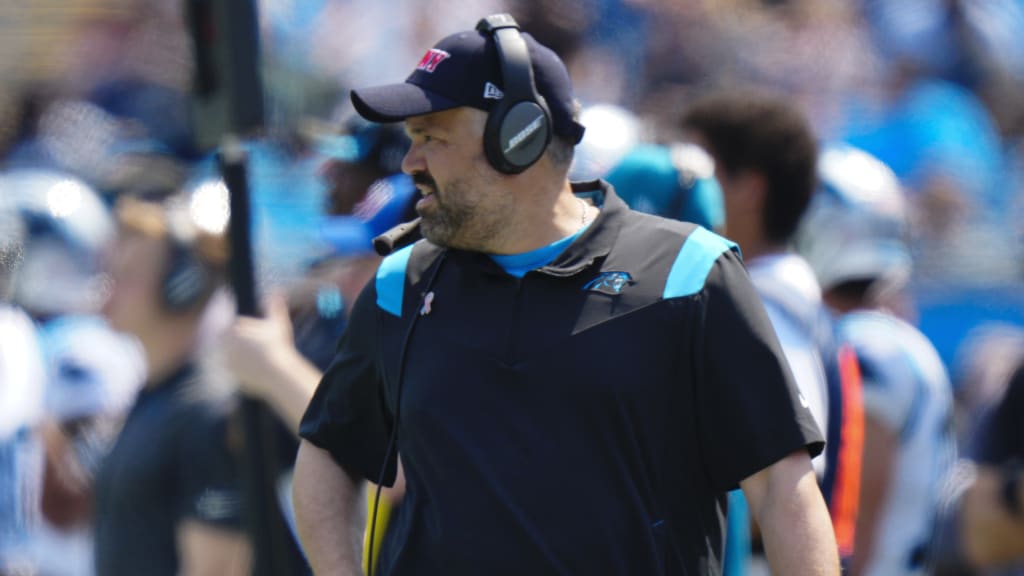 Carolina Panthers head coach Matt Rhule wears a FDNY hat in honor