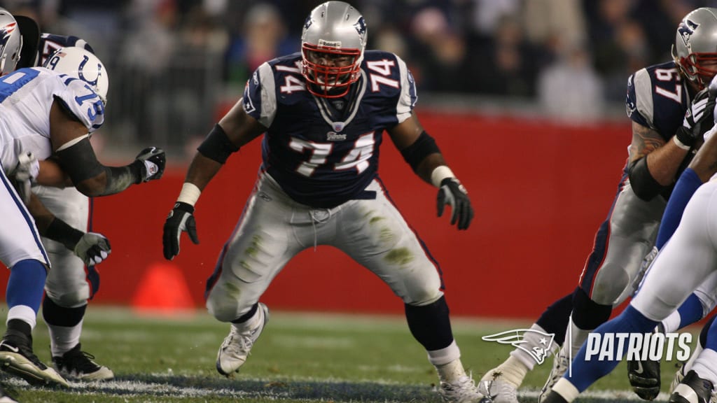 7 September 2008. Patriot Guard Billy Yates (74) on the bench in the third  quarter. The New England Patriots defeated the Kansas City Chiefs 17 to 10  on Week One of the